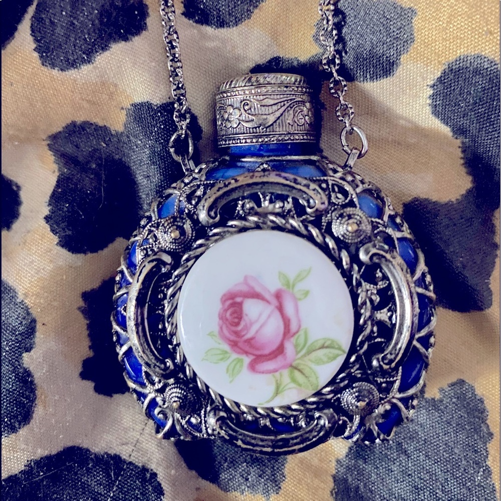 Czech Victorian Flowered Decorative Perfume Oil Bottle Holder Necklace